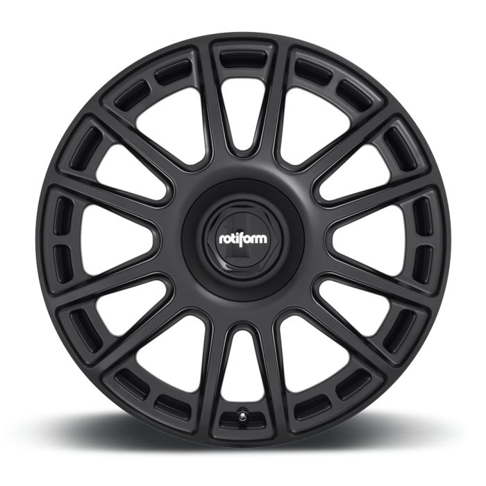 A black alloy wheel featuring multiple curved spokes radiating from a center hub with the text "rotiform" on a central cap, against a plain white background.