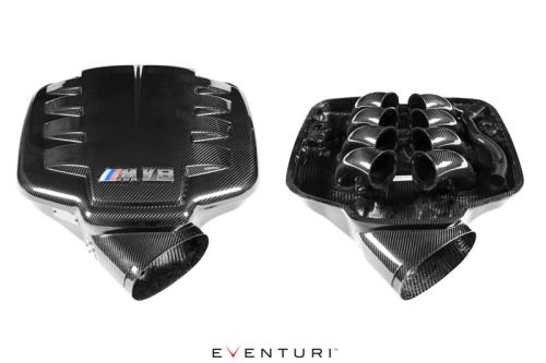 A carbon fiber engine cover with the text "M V8" and six intake funnels is shown against a white background. The brand name "EVENTURI" is displayed at the bottom of the image.