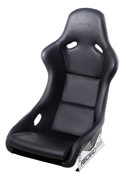 A sleek black racing seat made of leather, with "RECARO" written on the headrest and the base support, showing no surrounding context or additional objects.