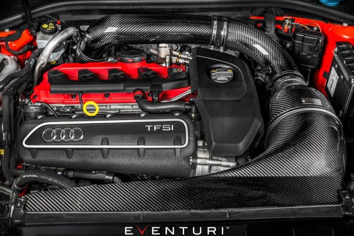An Audi TFSI engine with a red valve cover and carbon fiber components is showcased in a clean, organized engine bay. Text reads "EVENTURI" at the bottom.