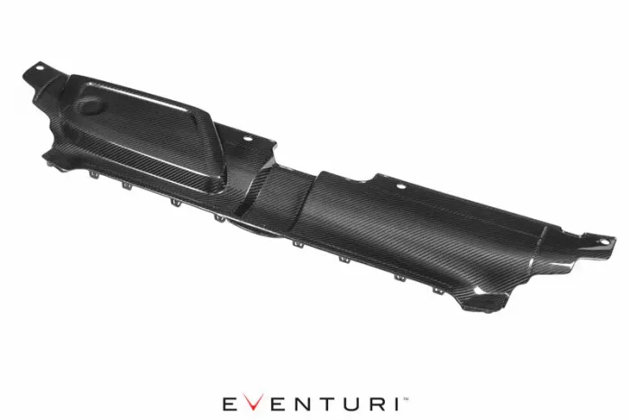 Carbon fiber automotive engine cover, featuring a sleek design with subtle surface patterns, placed against a white background. Text "EVENTURI™" is written in black and red at the bottom.