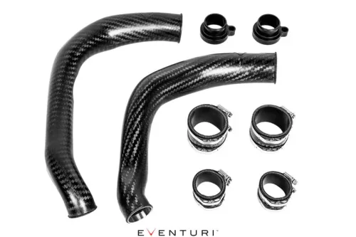 Two curved carbon fiber intake pipes, surrounded by six hose clamps and two black plastic couplers, all arranged on a white background. Text: "EVENTURI" at the bottom.