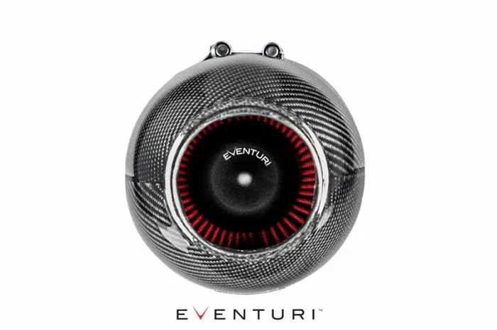 A carbon fiber cylindrical air intake system with red, radial inner filter fins labeled "EVENTURI," situated against a white background. Brand name "EVENTURI" is also printed at the bottom.
