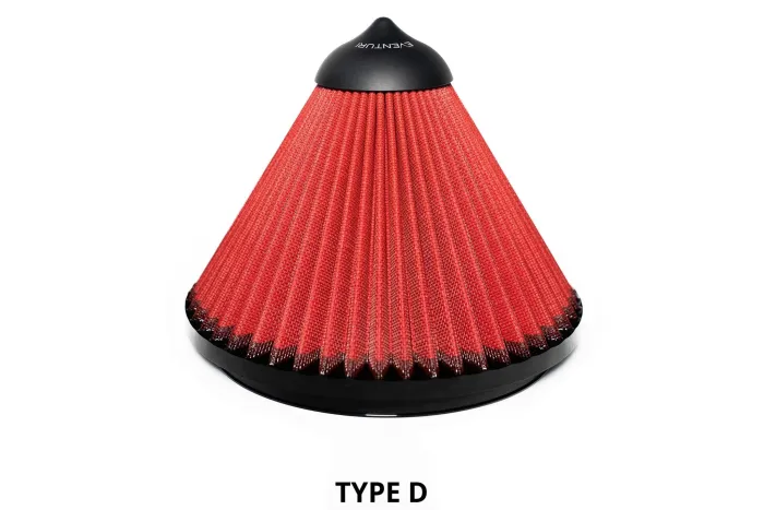 A red, cone-shaped air filter with a black top labeled "EVENTURI" and a black base, standing against a white background. Text below reads "TYPE D."