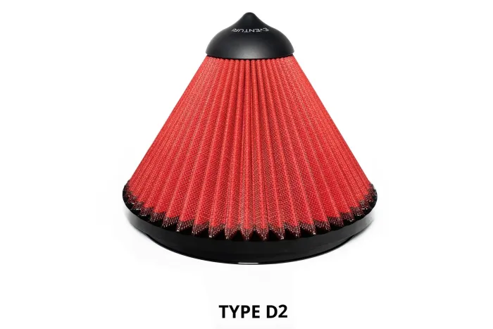 Red, conical air filter with pleated sides and black top inscribed with "EVENTURI" on a white background. Text below the filter reads "TYPE D2."