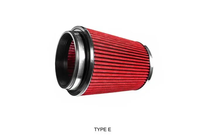 A cylindrical red air filter with metal ends, displayed against a white background. Text below reads: "TYPE E".