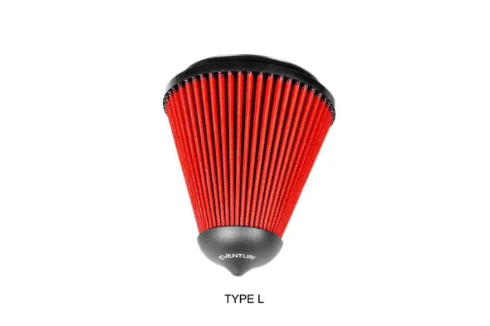 A red conical air filter labeled "Eventuri," displayed against a white background, is shown vertically upright. Below the filter, the text "TYPE L" is printed.
