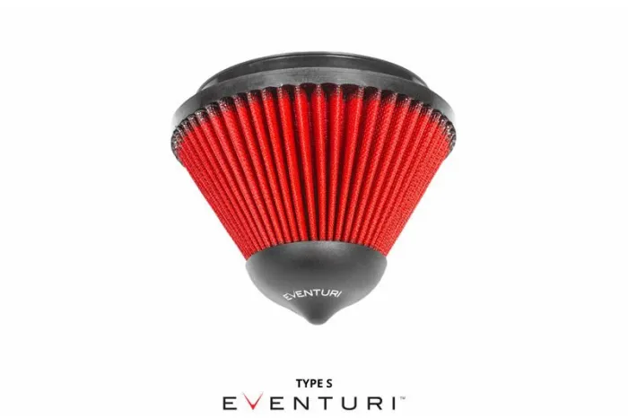 A red, cone-shaped air filter with black top and bottom components, branded "EVENTURI." Text below reads "TYPE S" and "EVENTURI." The filter is against a plain white background.
