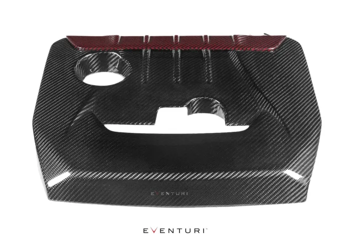 Carbon fiber engine cover with a red accent and cut-out sections, likely for a car, isolated on a white background. Text reads “EVENTURI” at the bottom center.