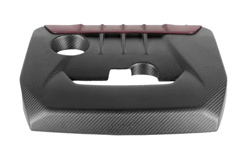 A carbon fiber engine cover features ribbed detail and a red accent at the top, with cutouts for engine components. The word "VENTURI" is visible at the bottom center.