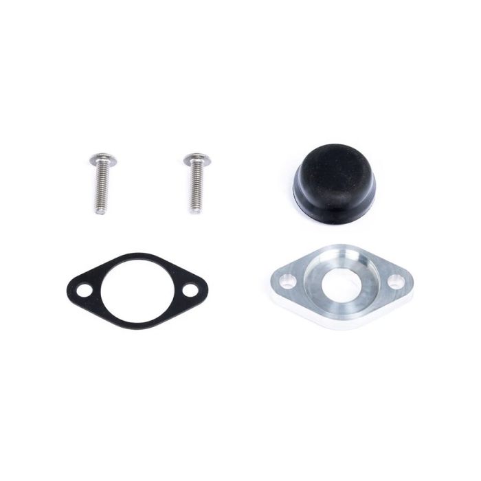 A set of mechanical components, including two screws, a black rubber cap, a black gasket, and a silver metallic fitting piece, arranged on a plain white background.