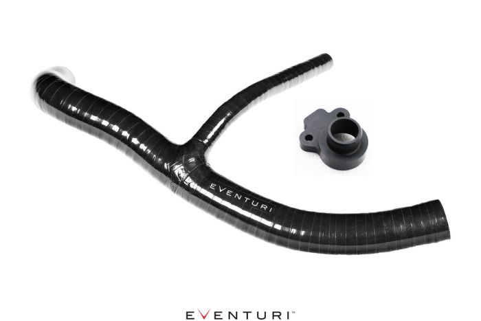 A black Y-shaped automotive hose lies on a white background. A small black plastic fitting is placed nearby. "EVENTURI" is printed on the hose and below.