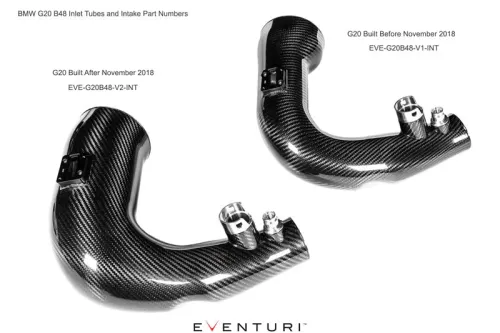 Carbon fiber inlet tubes labeled "BMW G20 B48" are displayed against a white background. Left: for "G20 Built After November 2018, EVE-G20B48-V2-INT". Right: for "G20 Built Before November 2018, EVE-G20B48-V1-INT". Brand "EVENTURI" at the bottom.