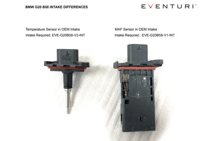 Two sensors on a white background: a temperature sensor (left) and an MAF sensor (right) for BMW G20 B58 intake, labeled with "EVENTURI." Text reads: "BMW G20 B58 INTAKE DIFFERENCES Temperature Sensor in OEM Intake Intake Required: EVE-G20B58-V2-INT MAF Sensor in OEM Intake Intake Required: EVE-G20B58-V1-INT"