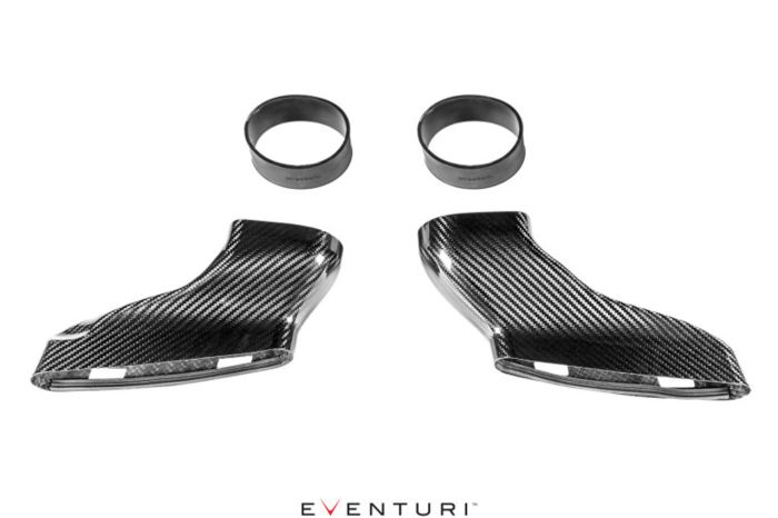 Two black carbon fiber automobile air intake ducts paired with two circular rubber seals, set against a white background. Text: "EVENTURI" at the bottom center.