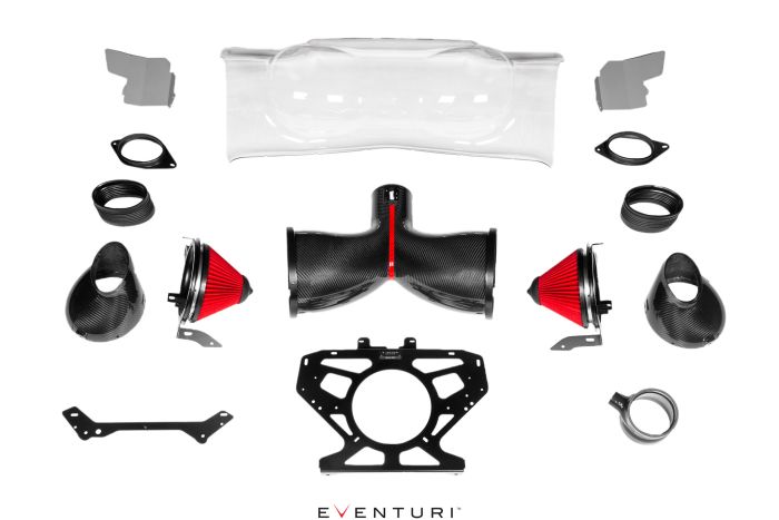 A set of automotive air intake components laid on a white background; includes red cone filters, black carbon fiber parts, and mounting brackets. Text: "EVENTURI" at the bottom.