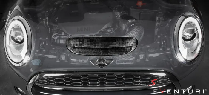 A Mini Cooper's front view with a transparent hood revealing the engine and components underneath. "Eventuri" and a stylized "S" are printed at the bottom right corner.