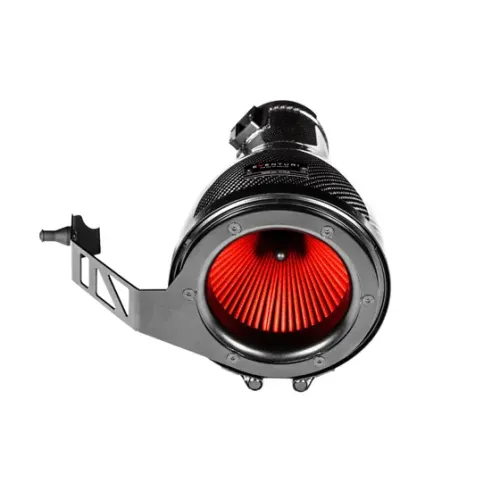 A black cylindrical car engine air intake system with a bright red filter, featuring a metal mounting bracket on its side. The background is completely white.