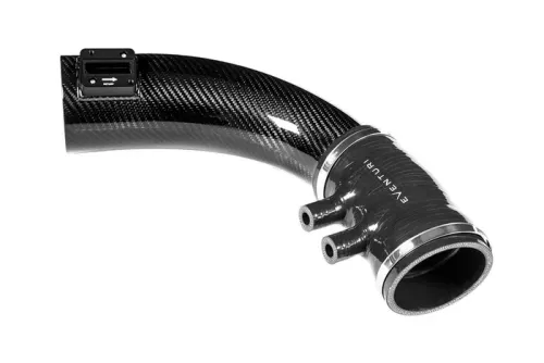 Curved, black carbon fiber car intake pipe labeled "EVENTURI" with two smaller attached ports and a sensor, isolated against a white background.