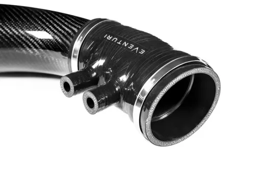 A glossy black carbon fiber pipe labeled "EVENTURI" with two smaller outlet tubes attached, set against a white background.