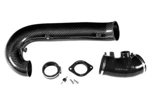 A carbon fiber car intake pipe and associated components, including a silicone hose, clamps, gaskets, and screws, are laid out on a white background. "EVENTURI" text is visible on the pipe.