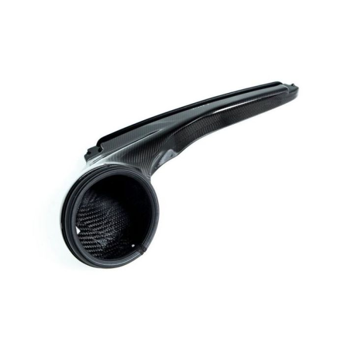 A black carbon fiber car air intake duct, streamlined and elongated, is shown against a white background. It features a large circular opening on one end and a narrow extension on the other.