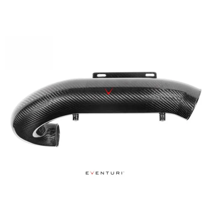 Glossy black carbon fiber intake pipe with a red "V" logo and two mounting points, set against a plain, white background. Text below reads "EVENTURI."