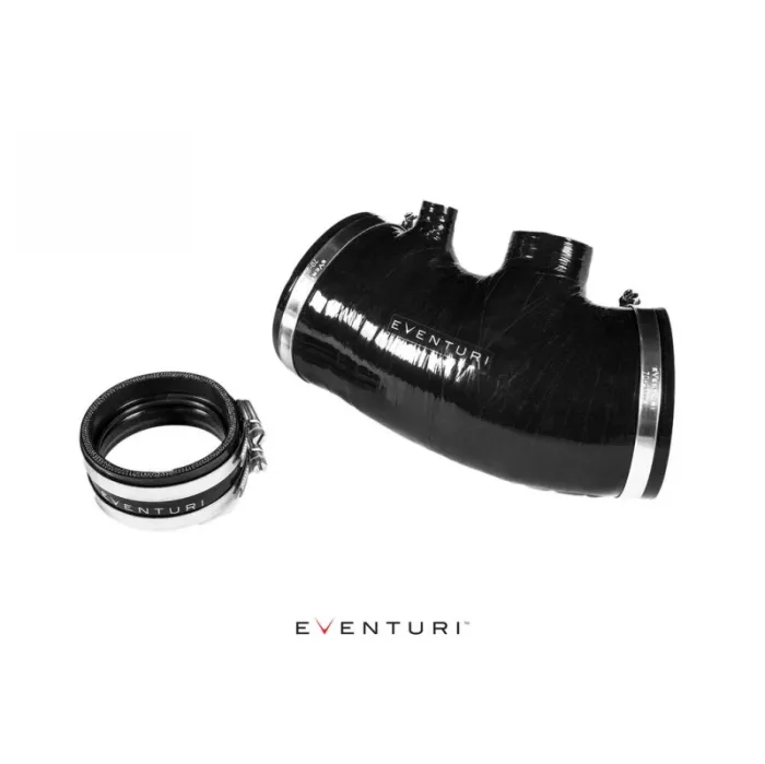 Two black rubber car intake hoses, labeled "EVENTURI," are displayed against a white background. One is larger with a T-shape, the other is a smaller circular hose with metal clamps.