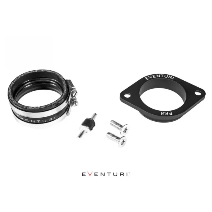 A car part kit includes a rubber coupling with metal bands, two bolts with washers, and a small black metal plate with "EVENTURI FK8" engraved. The white background provides contrast. Text: "EVENTURI".