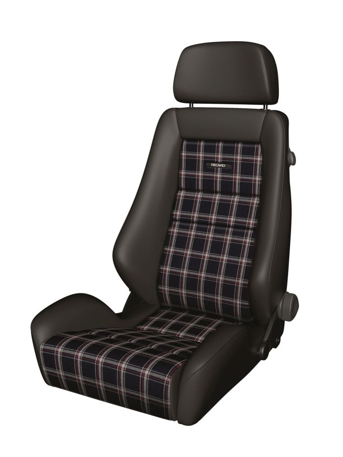 Car seat with black leather sides and plaid fabric center, headrest on top, and "RECARO" logo on backrest, photographed against a plain white background.