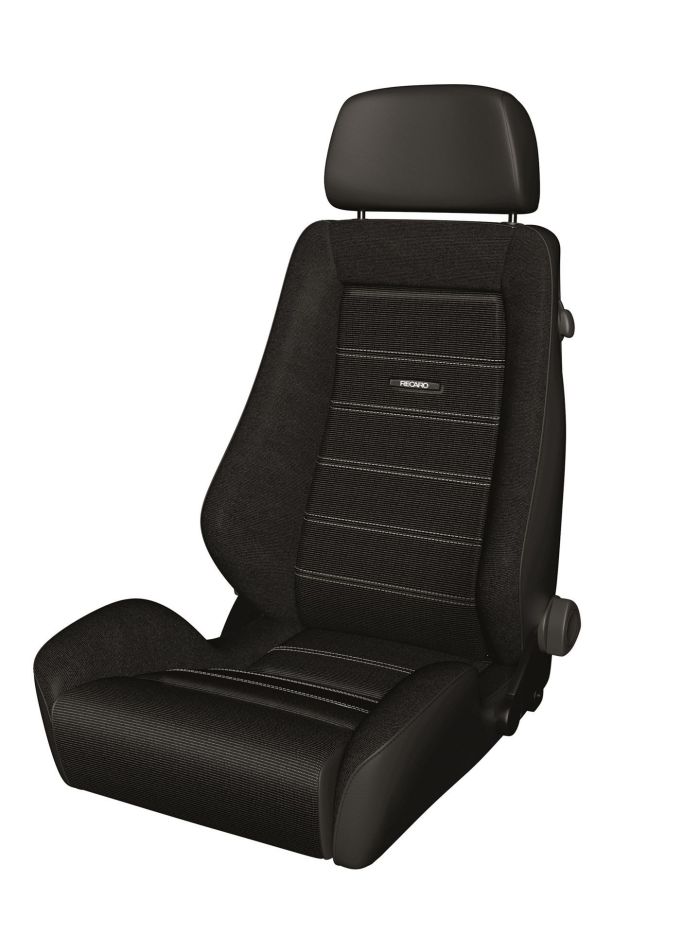 A black, contoured car seat with an adjustable headrest, white stitching, and "RECARO" branding in the middle, set against a plain white background.