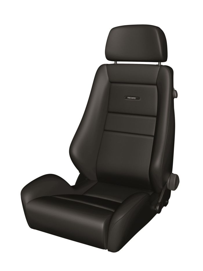 A black car seat with an adjustable headrest and a reclining backrest. The "RECARO" logo is visible on the seat backrest, set against a plain white background.