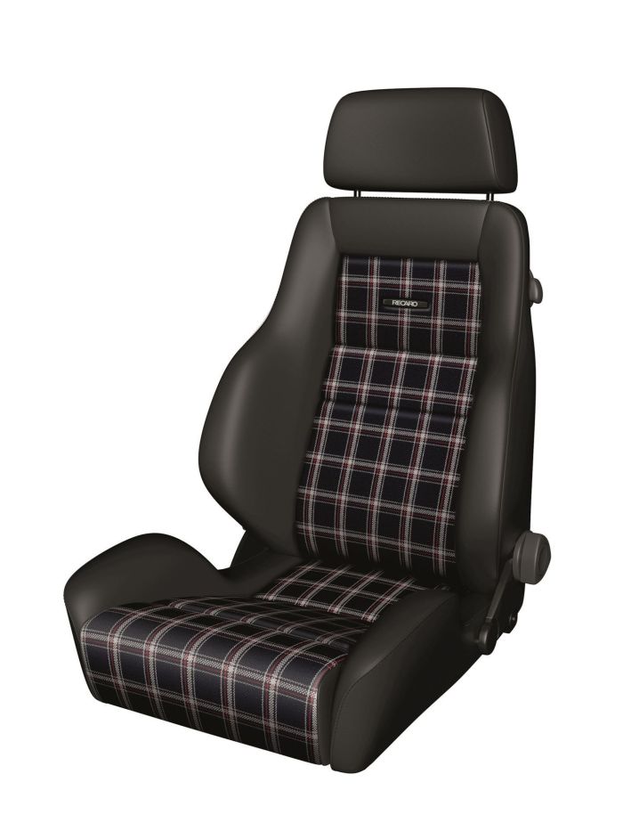 A car seat with dark leather sides and plaid fabric center panel, featuring the brand name "RECARO" in black and white, standing against a plain white background.