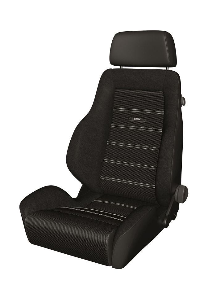 A black car seat with a headrest and white-striped upholstery. The seat bears the "RECARO" logo on the backrest, placed against a white background.