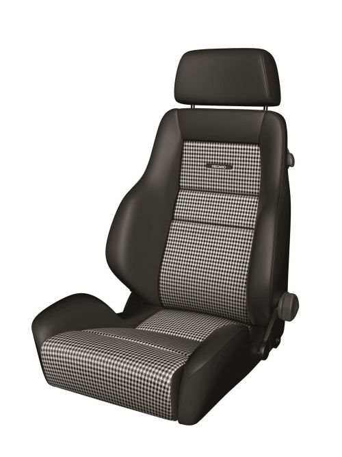 A black car seat with houndstooth-patterned fabric inserts and a headrest; labeled "Recaro" on the backrest, against a white background.