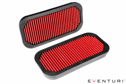 Red car air filters with black frames, positioned diagonally on a white background. Text at the bottom right reads "EVENTURI."