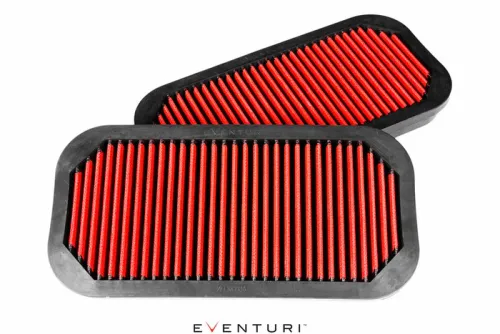 Two red and black rectangular air filters, aligned diagonally on a white background. Text at the bottom reads "EVENTURI™".