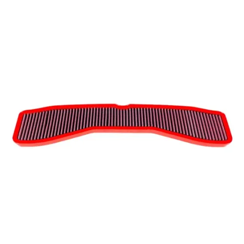 A red-framed rectangular air filter with vertical pleats is positioned centrally against a white background.