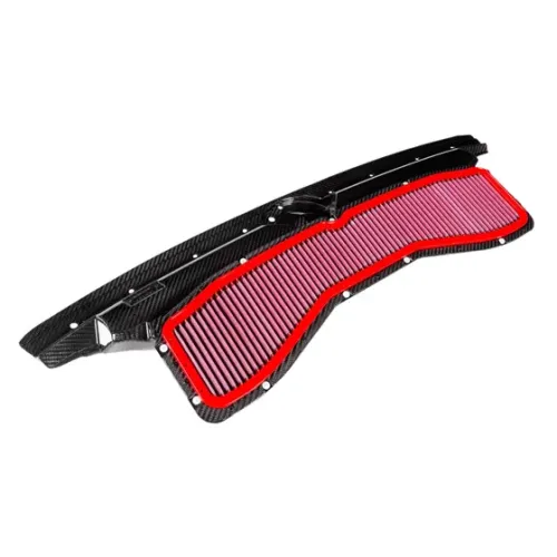 A curved, red-edged air filter with a black carbon-fiber frame lies horizontally on a white background. The filter has pink accordion-style pleats and multiple attachment points along its edges.