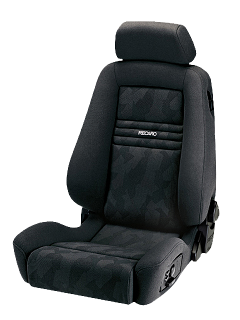 A black bucket car seat with the brand name "RECARO" on its backrest; equipped with side bolsters, headrest, and a patterned fabric cover, positioned in an isolated setting.