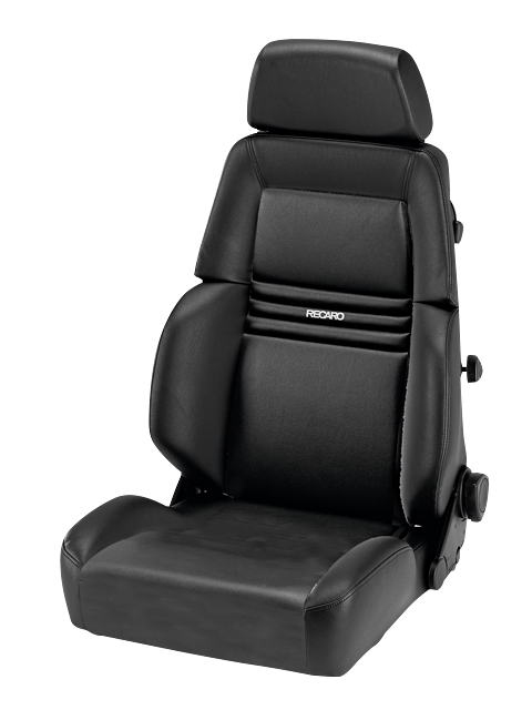 A black automotive seat features "RECARO" text on the backrest, with an adjustable headrest, contoured side supports, and adjustment knobs, set against a white background.