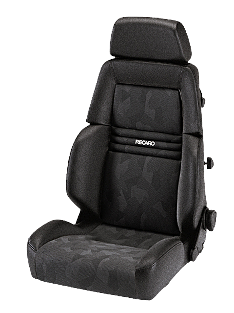 A black contoured car seat with "RECARO" embroidered on the backrest, equipped with an adjustable headrest and side bolsters, isolated against a plain background.