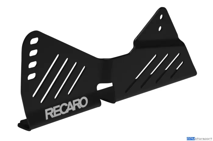 A black metal bracket with multiple diagonal cut-out slots and the text "RECARO" inscribed on it, positioned against a plain white background.