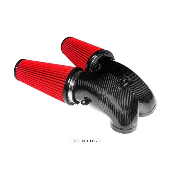 A dual carbon fiber air intake system with red conical filters sits on a white backdrop. Text "Eventuri" is centered below the intake.