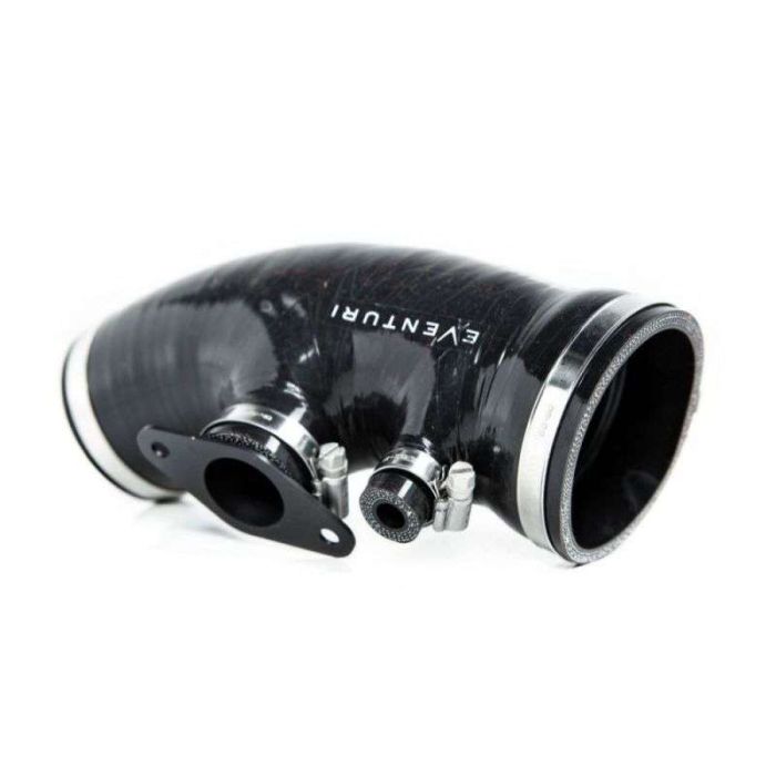 A black, curved intake pipe marked "Eventuri" rests on a white surface, featuring two smaller attached tubes secured with metal clamps and a mounting bracket.