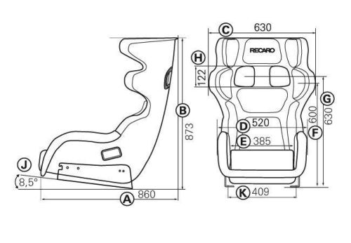 A racing seat diagram displays measurements in millimeters: height 873 (B), width 630 (C), base length 860 (A), and seat depth 409 (K). Labeled "RECARO," features include backrest (G), cushion width (D) 520, and seat width (E) 385.