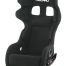 A black racing seat with pronounced, padded side bolsters and a headrest, features the text "RECARO" in white at the top and is set against a plain white background.