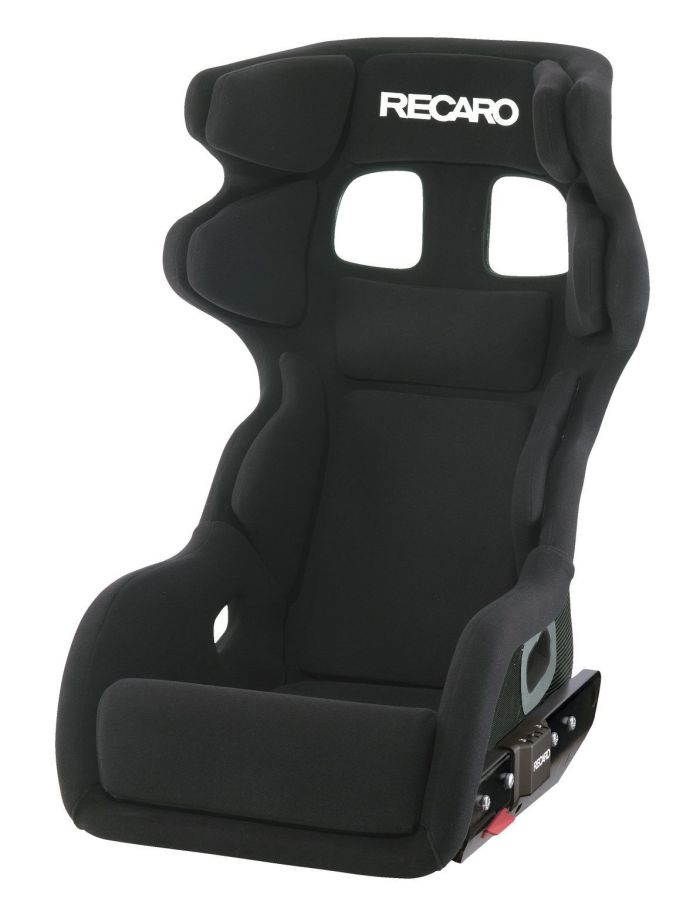A black racing seat with pronounced, padded side bolsters and a headrest, features the text "RECARO" in white at the top and is set against a plain white background.
