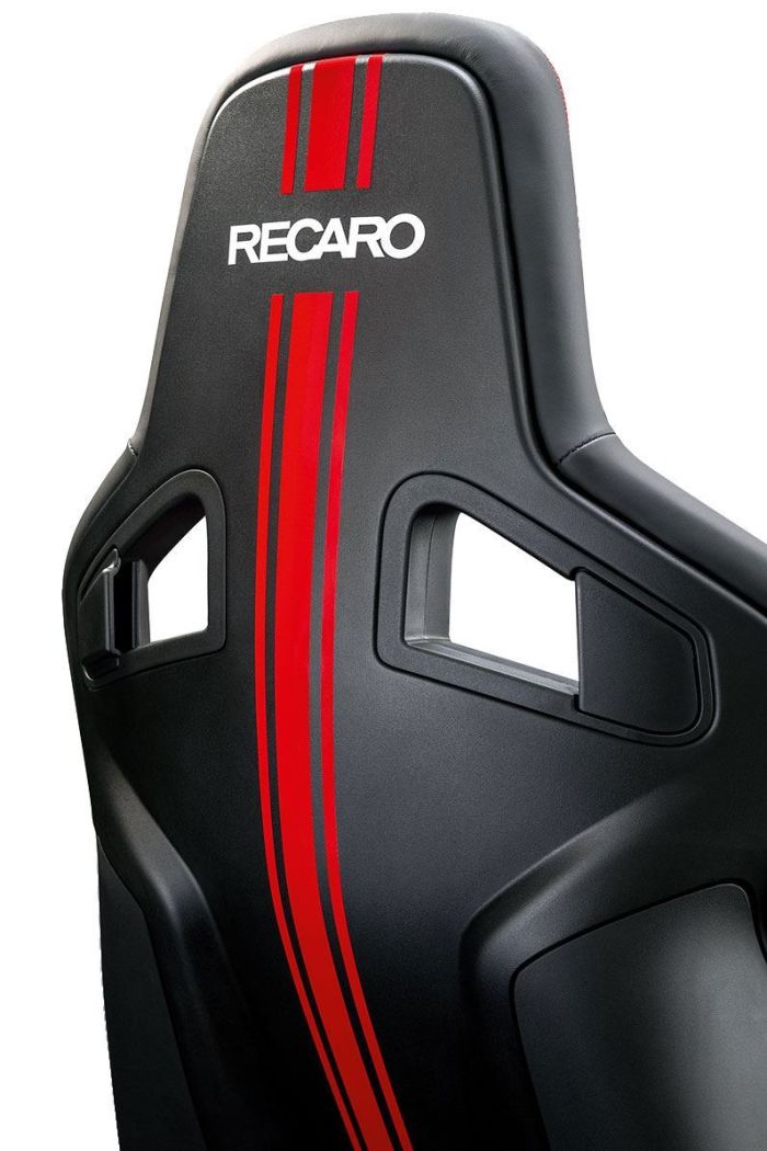 A black racing seat with red stripes and the text "RECARO" printed in white, viewed from the back in a well-lit studio setting.