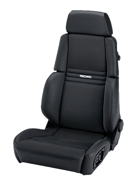 The black RECARO car seat, featuring detailed stitching and a padded headrest, is positioned upright on a plain white background.